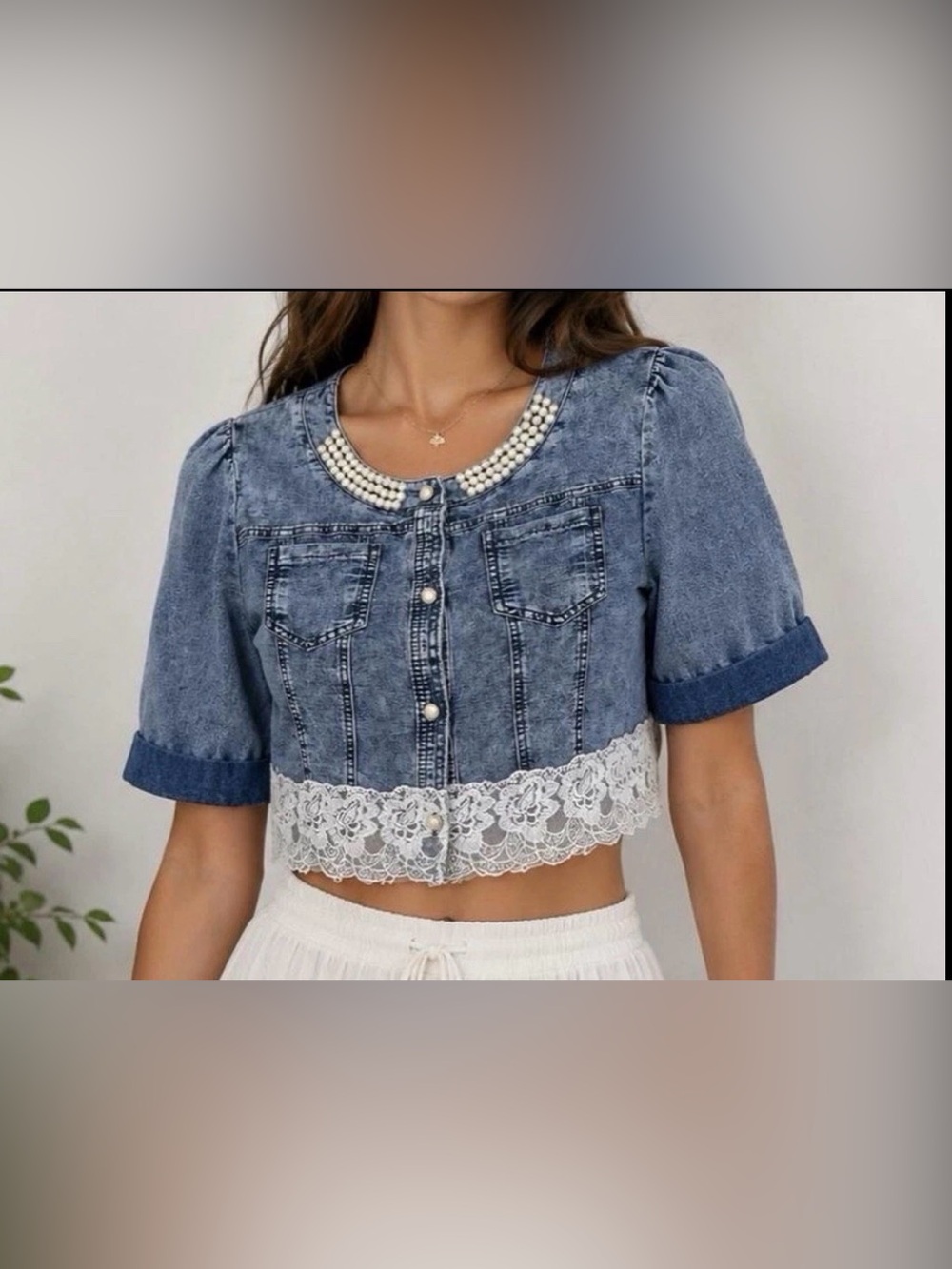 Pearl Collared Women’s L Coquette Boho Denim Crop Lace Trim Puff Sleeve Blue